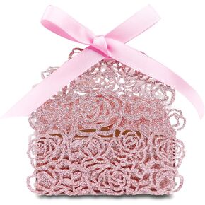 50 قطعة من صناديق لامعة من الذهب الوردي مقطوعة بالليزر مع أشرطة وردية لصالح حفلات الزفاف، وحقائب هدايا الزفاف وحلوى الشوكولاتة وصناديق الهدايا (بريق ذهبي وردي) in Kuwait