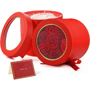 Outus Flower Round Boxes for Arrangements, 2 Tier Gift Boxes with Lids, Double Layer Rotating Floral Bouquet Boxes with Paper Cards Raffia for Valentine's Day Wedding Gift(Black)
