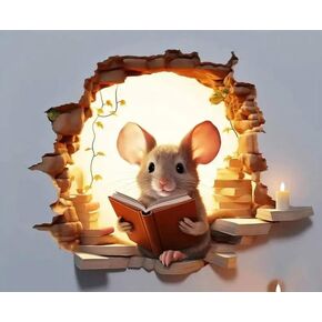 Mouse Reading Hole in Wall Decal, Wall Sticker, 3 Inches Tall