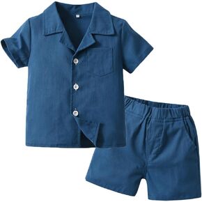 Feidoog Baby Boys Cotton Linen Shorts Set Boys Button-down Short Sleeve Shirt Tops and Elastic Waist Shorts Outfit Clothes