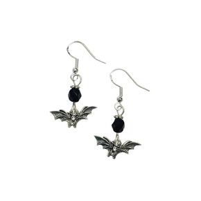 Spooky Bat Earrings, Halloween Earrings, with jet crystal accent beads, on sterling silver earwires