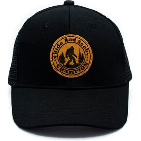 Funny Sasquatch Leather Trucker Hat Bigfoot Hats for Men Women Adjustable Mesh Baseball Cap