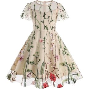 IMEKIS Flower Girls Short Sleeve Mesh Floral Embroidery Dress Vintage Sheer Round Neck Cocktail Swing Dress