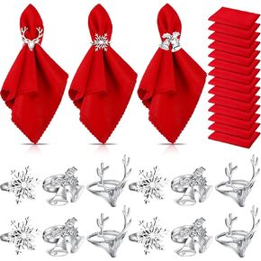 24 Pcs Christmas Napkins and Ring Set 12 Pcs Red Cloth Napkins Christmas Napkins Cloth Washable 12 Pcs Christmas Napkin Rings Christmas Ring Napkin Holder for Table Setting (Fresh Style)