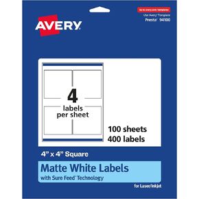 Avery Matte White Square Labels with Sure Feed, 4" x 4", 100 Matte White Printable Labels