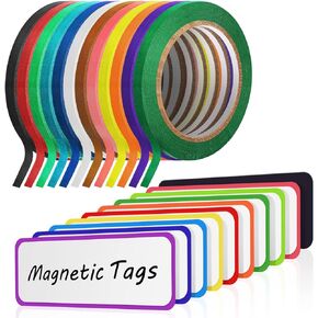 12 Rolls 1/8 Whiteboard Thin Tape with 54 Pcs Magnetic Dry Erase Labels Name Plate Tags Magnetic Name Tags Magnet Labels Pinstriping Tape for Whiteboard School Office Home Supplies(3.2 x 1.2 Inch)