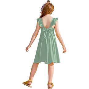 21KIDS Girl's Summer Tie Back Dress Kids Elegant Ruffle Sleeve Casual Dress with Pockets 6-12 Years