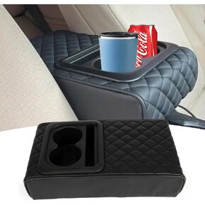 Car Console Armrest Pillow, PSLER Car Armrest Cushion with Cup Holder and Phone Holder PU Leather Center Console Cup Holder Arm Rest for Car Universal (Smooth Black)