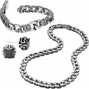 Urban Jewelry Amazing Bundle Stainless Steel Men's link Bracelet Silver with Beautiful Fleur De Lis Mens Link Chain and Stainless Steel Men's Stud Earrings in Black + Silver