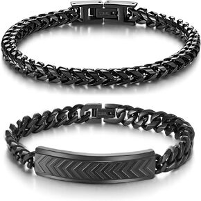 2PCS Stainless Steel Bracelets for Men: Featuring Fold Over Clasp Franco Chain in BLack& Cuban Chain Mens Bracelet - Perfect Gifts for Dad, Grandpa, Boyfriend, Husband, Son, and Brother