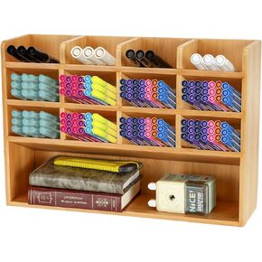 Dicunoy Desktop Pen Holder Organizer, Bamboo Art Supply Storage Caddy Holds 300 Pencils, 13 Compartments Thick Pencil Holder Box for Color Pencils, School, Classroom, Office