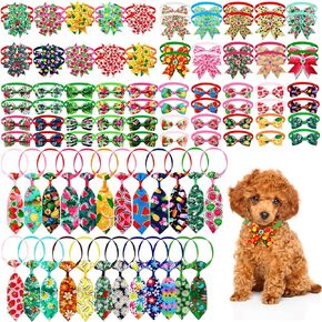 100pcs Summer Dog Collar Bows Ties Set for Small Medium Dogs, Bulk Adjustable 80pcs Hawaii Fruit Floral Pattern Dog Bow Ties and 20pcs Dog Neck Ties for Dog Neck Grooming Accessories