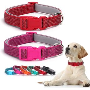 2 Pack Reflective Dog Collars, Classic Adjustable Soft Neoprene Padded Breathable Nylon Pet Collar for Small, Medium and Large Dogs (Red/Pink,L)