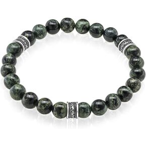 VY JEWELRY Kambaba Jasper Bracelet 8MM Dia Green Stones with 925 Sterling Silver Beads for Men and Women