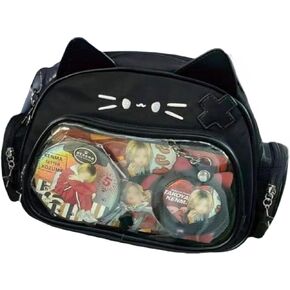 Cat Ita Bag Pin Display Backpack for School PU Leather Preppy Backpack for Girl Y2k Single Shoulder Crossbody Bag (Black)