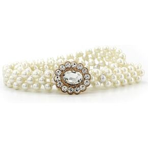 AKOAK 1 Pack Pearl Belt, Stretch Pearl Belt for Women, Wedding Bride Belt with Rhinestone Crystal Rhinestone White Waist Chain Bridesmaid Dress Belt