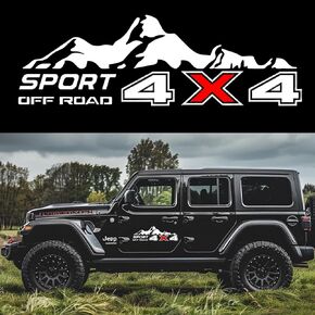 4X4 Off Road Sport with Mountain Pattern Decal Stickers 2Pcs, Vehicle Decor Accessories Compatible with Tacoma Tundra F150 RAM Wrangler Truck Pickup Bed Side, with Squeegee 1Pcs, Black and Red