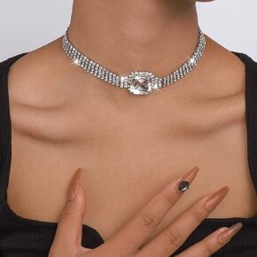 Missgrace Sexy Shiny Short Choker Necklaces Rhinestone Necklace Chain Long Sparkly Crystal Necklace Jewelry for Women and Girls
