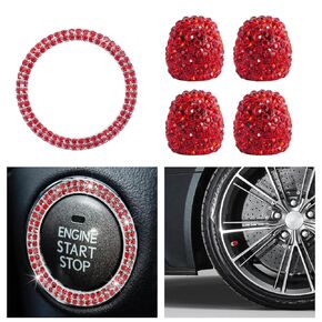 4 Pcs Bling Tire Stem Valve Caps Car Tires Air Caps Cover Wheel Tire Caps 1 Pcs Car Engine Start Stop Decoration Ring Bling Decor Car Emblem Sticker for Sparkling Car Interior Accessories（Black
