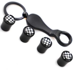 4Pcs Valve Stem Caps Tire Valve Cover Anti-Theft Dust Caps -a Wrench Keychain Combo with Black & White Checkered Fit for Coopers R50 R51 R52 R53 R55 R56 R57 R58 R59 R60 R6 (Black)