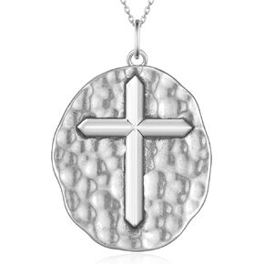 Hammered Cross Necklace 925 Sterling Silver Cross Pendant Necklace Christian Jewelry for Women Girls