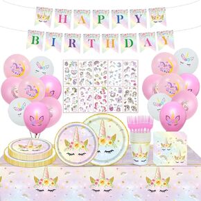 128PCS Unicorn Birthday Party Supplies Unicorn Birthday Decorations for Girls Unicorn Paper Plates and Napkins Tableware Balloons Temporary Tattoo Rainbow Unicorn Party Decorations Serve 20 in Kuwait