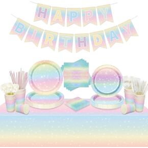 Pastel Rainbow Birthday Party Supplies, Includes Happy Birthday Banner, Tablecloth, Plates, Napkins, Cups, Knives, Forks, Spoons, Straws, Balloons for Girls Birthday Party Decorations, Serves 20