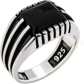 Solid 925 Sterling Silver Onyx Stone Turkish Handmade Luxury Men's Ring