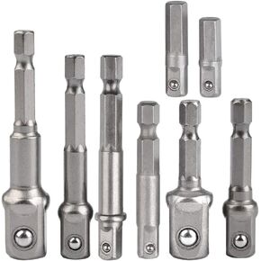 8Pcs Impact Grade Socket Adapter Set, Hex Shank Square Nut Impact Driver Socket Adapter, Socket to Drill Adapter 1/4" 3/8" 1/2" Impact Driver Adapter Quick Change Drill Extension Bit Set