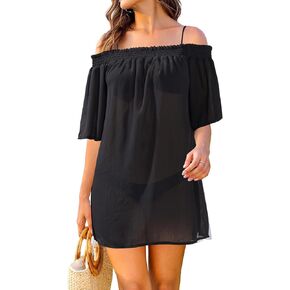 Daci Women's Sheer Cover Up Swimsuit Off the Shoulder Bathing Suits Cute Short Sleeve Beach Coverups Dress