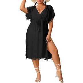 MakeMeChic Women's Plus Size V Neck Short Sleeve Tassel Coverups High Waisted Split Thigh Beach Cover Up Dress