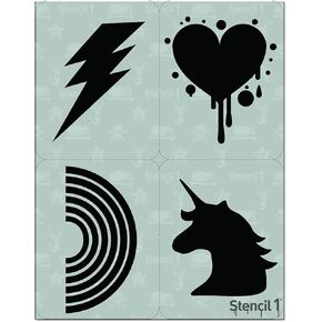 Stencil1 Rainbow | Heart | Unicorn | Bolt Four Pack Stencils 8.5 x 11 inches for Painting on T-Shirts, Bedroom Wall, Canvas, DIY Decorating and Art- Attractive, Reusable, Recyclable.