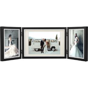 TOFOREVO Three Picture Frame 4x6 and 5x7 Wooden Hinged Folding Photo Frame Definition Glass Stand Vertically on Desktop or Tabletop，Grey