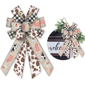 Large Cow Pattern Bow for Wreath, Cow Pattern Farm Theme Bow for Front Door, Plaid Farm Animal Wreath Bow for Party Farm Decor Indoor Outdoor Wall Spring Summer Decoration Supplies Ornament