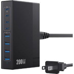 200W USB C Charger Block, 8-in-1 GaN III USB C Charger Fast Charging Station Hub, PD 65W Laptop Charger Adapter Travel Charger, for MacBook Pro/Air/Dell XPS/iPhone 15/14/iPad/Galaxy S24 etc. (Black)