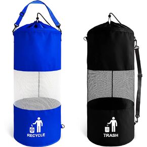 Combo Boat Trash and Recycle Bags Bins Containers, zipper bottom for no mess emptying, large capacity, built in steel wire opening to make it easy to put in the trash and recycle garbage