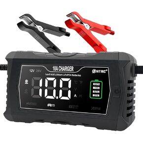 HTRC Car Battery Charger, 10-Amp 12V and 24V Fully-Automatic Trickle Charger Desulfator, Smart LCD Battery Maintainer w/Temperature Compensation for Car,Motorcycle,Lawn,Li..LiFePO4,Lead Acid.（Black）