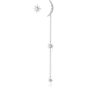 925 Sterling Silver CZ Stud Earrings for Women Girls Cubic Zirconia Asymmetrical Star Moon Tassel Chain Dangle Drop Studs Tragus Post Pin Long Earrings Hypoallergenic Crescent Jewelry