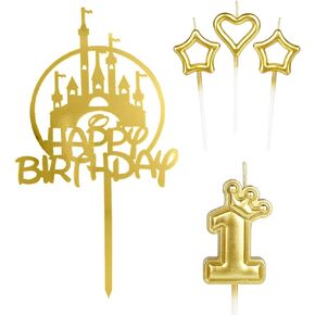 Girls Happy 1st Birthday Candles Cake Toppers,Gold Castle Cake Topper,Crown Number 1 Candle for Cake,Candles Cake Cupcake Topper for Baby Birthday Party Decorations 1st Wedding Anniversary