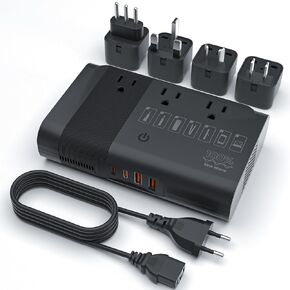 مجموعة محول الطاقة محول الجهد الكهربي مع 4 منافذ USB و3 منافذ تيار متردد، محول جهد كهربي 220 فولت إلى 110 فولت، من الولايات المتحدة إلى الاتحاد الأوروبي/المملكة المتحدة/إيطاليا/الاتحاد الأفريقي/آسيا، أسود in Kuwait