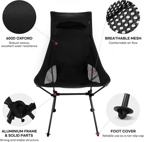 كراسي تخييم مدمجة عالية الظهر، كرسي ظهر خفيف الوزن مع مسند للرأس، كرسي محمول قابل للطي للتخييم، المشي لمسافات طويلة، النزهة، الشاطئ، السفر (بيج) in Kuwait