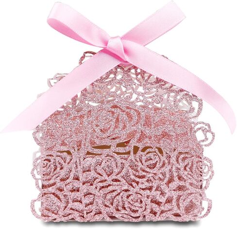 50 قطعة من صناديق لامعة من الذهب الوردي مقطوعة بالليزر مع أشرطة وردية لصالح حفلات الزفاف، وحقائب هدايا الزفاف وحلوى الشوكولاتة وصناديق الهدايا (بريق ذهبي وردي) in Kuwait