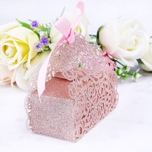 50 قطعة من صناديق لامعة من الذهب الوردي مقطوعة بالليزر مع أشرطة وردية لصالح حفلات الزفاف، وحقائب هدايا الزفاف وحلوى الشوكولاتة وصناديق الهدايا (بريق ذهبي وردي) in Kuwait