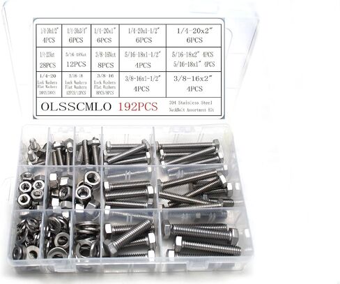 10 مقاسات شائعة (1/4-20، 5/16-18، 3/8-16) مجموعة فرز البراغي والصواميل شديدة التحمل، 304 من الفولاذ المقاوم للصدأ (192 قطعة) in Kuwait