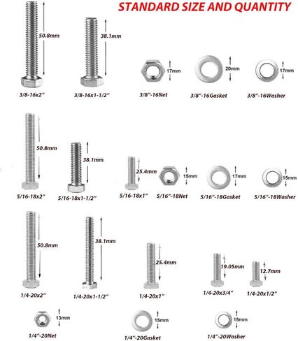 10 مقاسات شائعة (1/4-20، 5/16-18، 3/8-16) مجموعة فرز البراغي والصواميل شديدة التحمل، 304 من الفولاذ المقاوم للصدأ (192 قطعة) in Kuwait