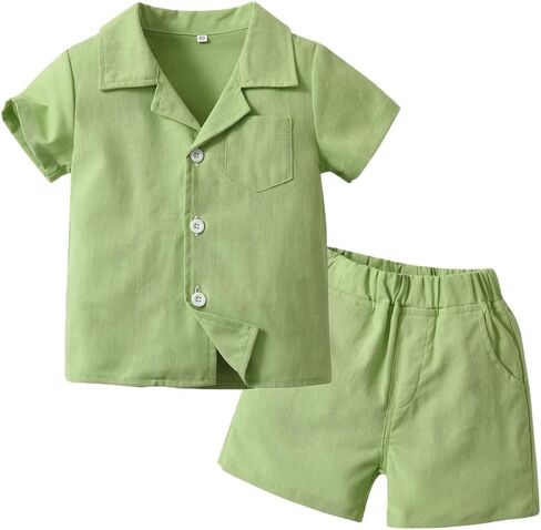 Feidoog Baby Boys Cotton Linen Shorts Set Boys Button-down Short Sleeve Shirt Tops and Elastic Waist Shorts Outfit Clothes in Saudi Arabia