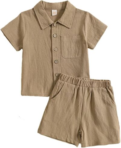 Feidoog Baby Boys Cotton Linen Shorts Set Boys Button-down Short Sleeve Shirt Tops and Elastic Waist Shorts Outfit Clothes in Saudi Arabia