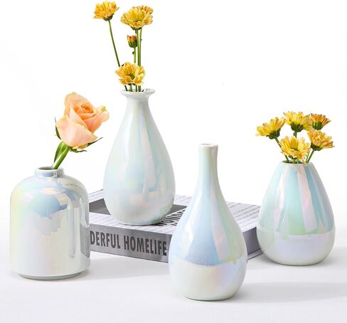 Fixwal White Ceramic Vases for Home Decor, Iridescent Flower Vases, Colorful Small Glaze Bud Vases, Dazzle Aesthetics Vases for Centerpieces Wedding Dinner Table and Bedroom (Set of 4) in Saudi Arabia