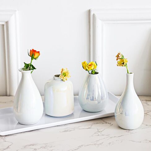 Fixwal White Ceramic Vases for Home Decor, Iridescent Flower Vases, Colorful Small Glaze Bud Vases, Dazzle Aesthetics Vases for Centerpieces Wedding Dinner Table and Bedroom (Set of 4) in Saudi Arabia