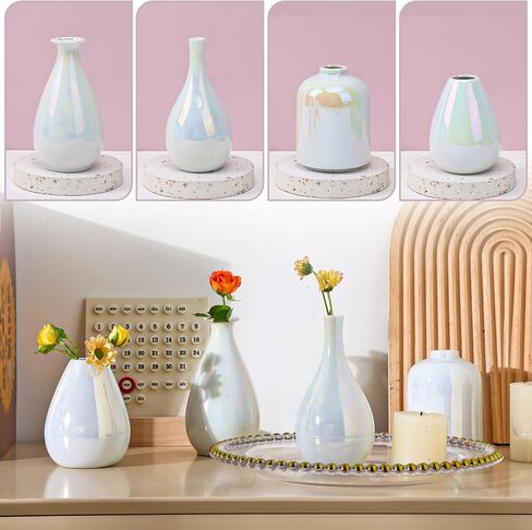Fixwal White Ceramic Vases for Home Decor, Iridescent Flower Vases, Colorful Small Glaze Bud Vases, Dazzle Aesthetics Vases for Centerpieces Wedding Dinner Table and Bedroom (Set of 4) in Saudi Arabia